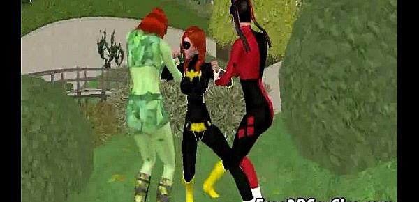  3D lesbian Batgirl getting double teamed outdoors